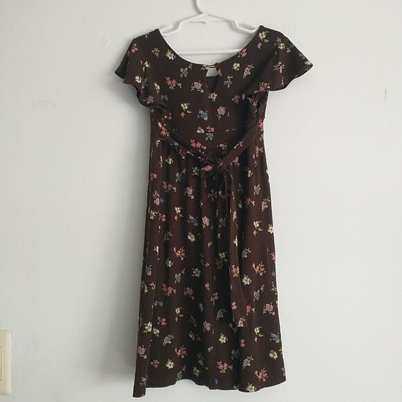 Mini Boden Dress Girl 5-6 yr Brown Floral Empire Flutter Sleeve Cottagecore - Picture 4 of 10